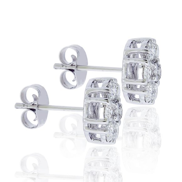 1.00 Carat Round Cut Diamond Cluster Stud Earrings 14K White Gold - Picture 2 of 5